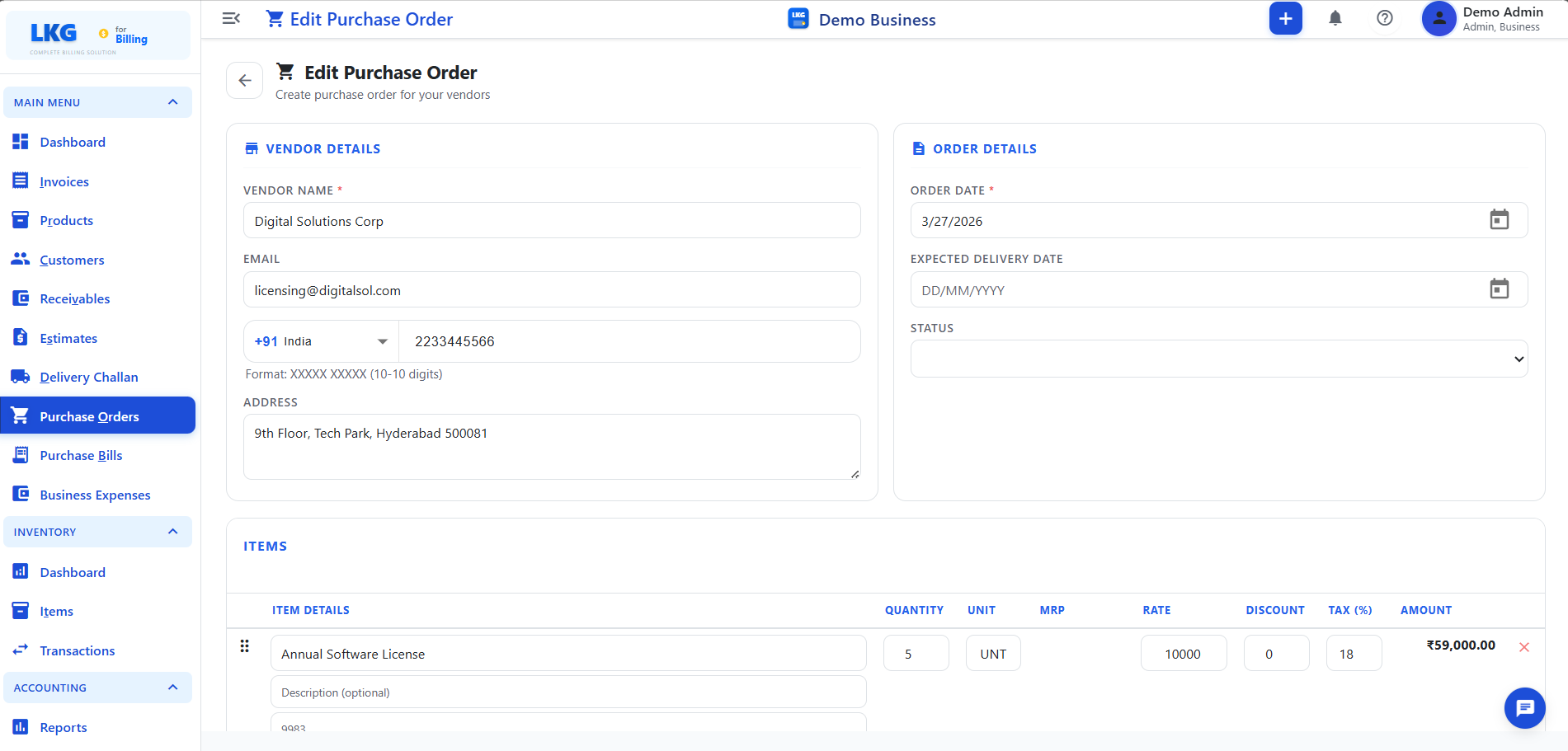Formulaire de Bon de Commande - Détails du Fournisseur, Détails de la Commande &amp; Tableau des Articles